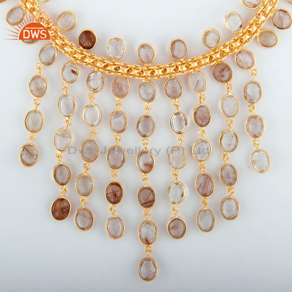 Suppliers Natural Rutilated Quartz Gemstone Drop Necklace in 18K Yellow Gold Plated