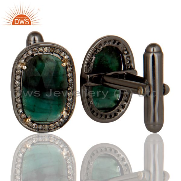 Suppliers 14K Solid Yellow Gold Pave Diamond And Emerald Gemstone High Fashion Cufflinks
