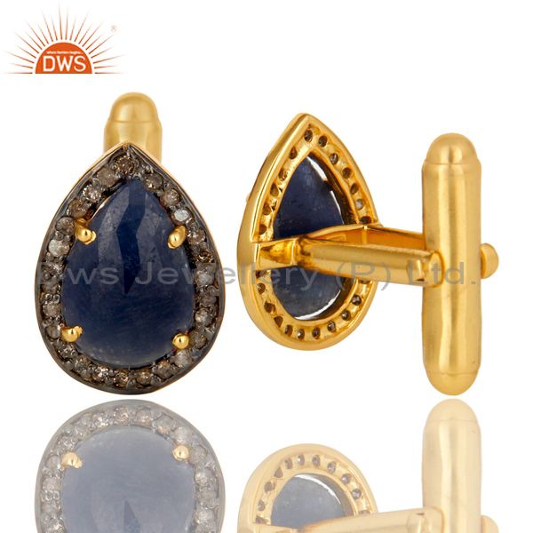 Suppliers 18K Yellow Gold Over Sterling Silver Pave Diamond And Blue Sapphire Cufflinks