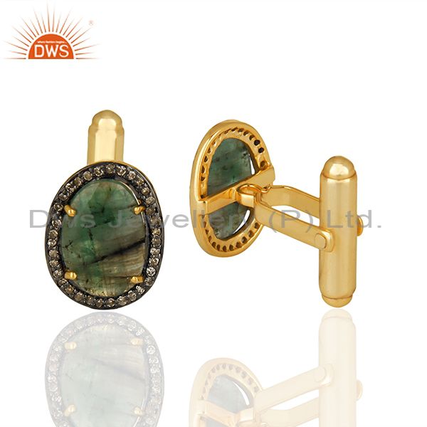 Suppliers Natural Emerlad Gemstone Pave Diamond 925 Sterling Silver Gold Plated Cufflinks