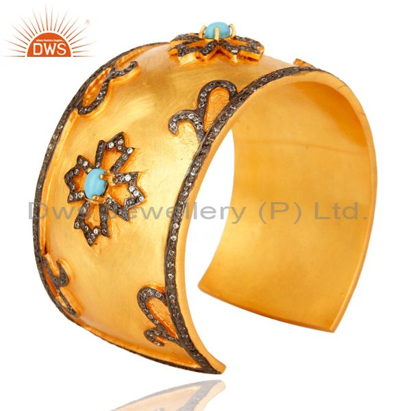 Suppliers Turquoise And CZ Yellow Gold Plated Brass Wide Bangle Cuff Bracelet