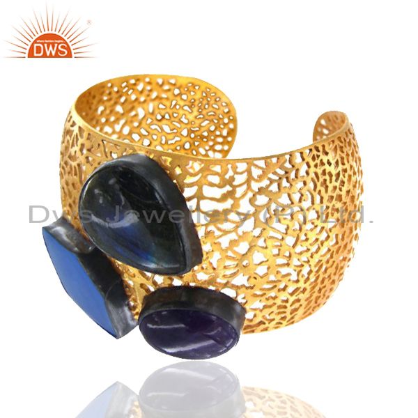 Suppliers 18K Yellow Gold Plated Brass Filigree Design Amethyst & Chalcedony Wide Cuff