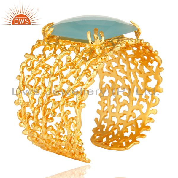 Exporter 18K Yellow Gold Plated Dyed Aqua Chalcedony Designer Wide Cuff Bracelet Bangle