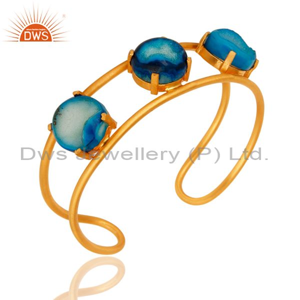 Suppliers 18K Yellow Gold Plated Over Brass Blue Agate Druzy Cuff Bracelet Bangle Jewelry