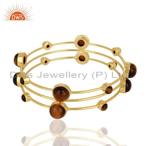 Wholesalers of Tiger eye gemstone gold plated 925 silver three bangle set supplier