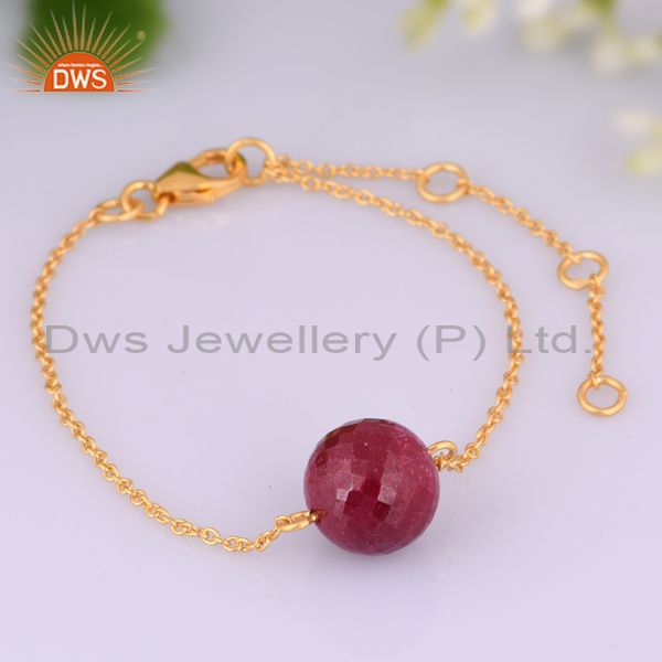 Exporter 18K Yellow Gold Plated Sterling Silver Natural Ruby Chain Bracelet