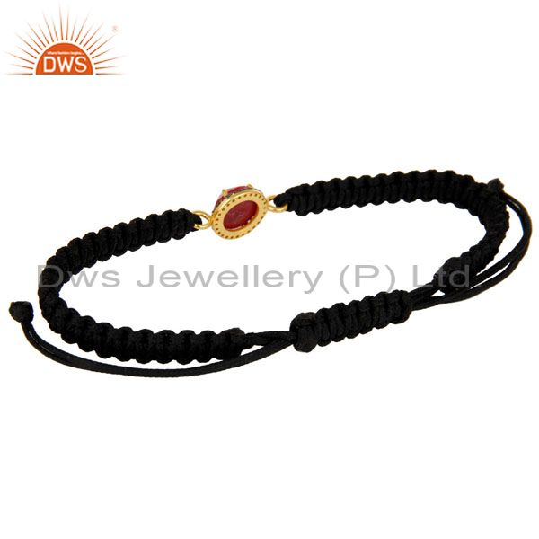 Suppliers 18K Gold Sterling Silver Pave Diamond And Ruby Black Cord Macrame Bracelet