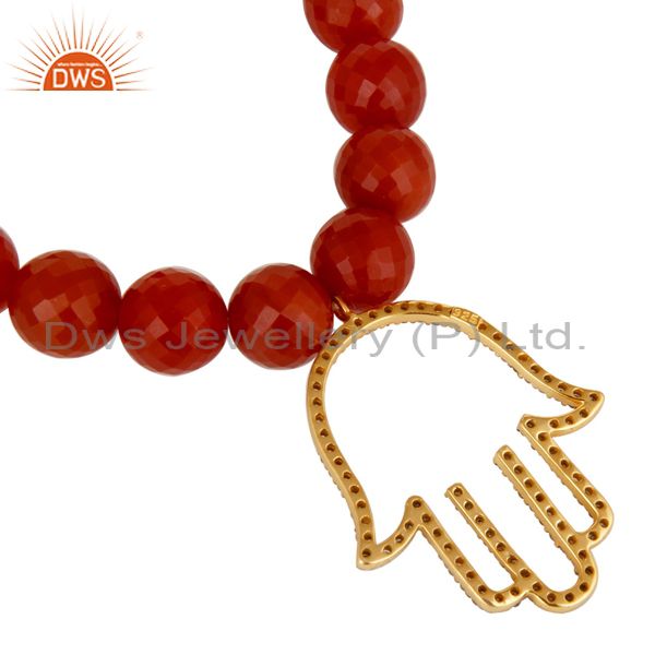 Suppliers 18k Gold Plated Sterling Silver Hand Design Diamond & Red Onyx Charms Bracelet