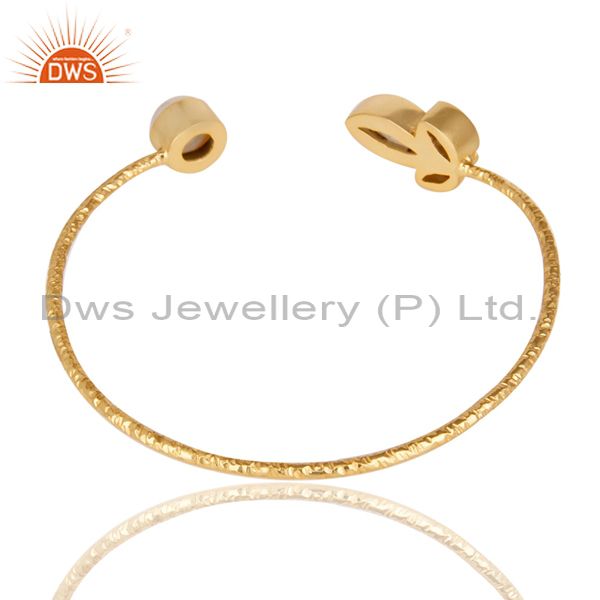 Suppliers 14K Yellow Gold Plated Rainbow Moonstone Pearl & CZ Sleek Brass Cuff Bangle