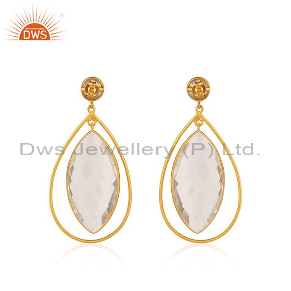 Suppliers 18K Yellow Gold Plated Natural Quartz Crystal Sterling Silver Tear Drop Earrings