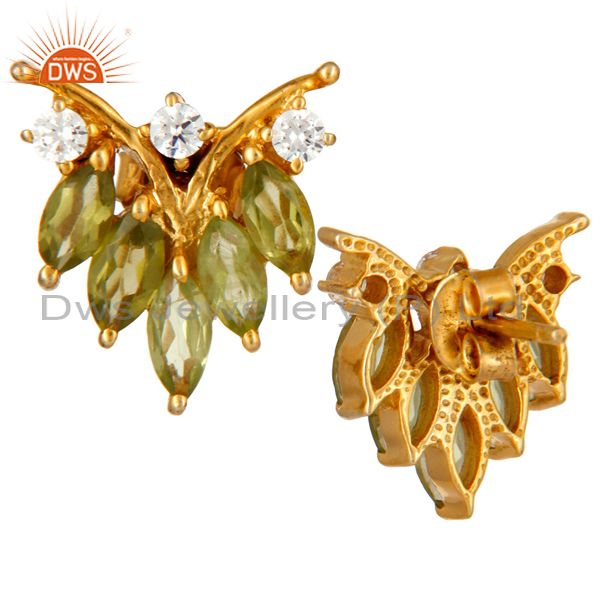 Suppliers Natural Peridot Gemstone & White Zircon 18K Gold On Sterling Silver Stud Earring