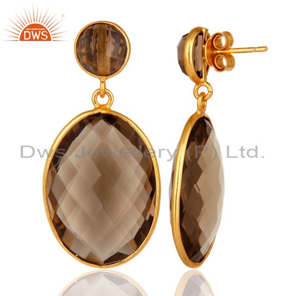Suppliers Faceted Smoky Quartz Gemstone Gold Plated Sterling Silver Dangle Earrings