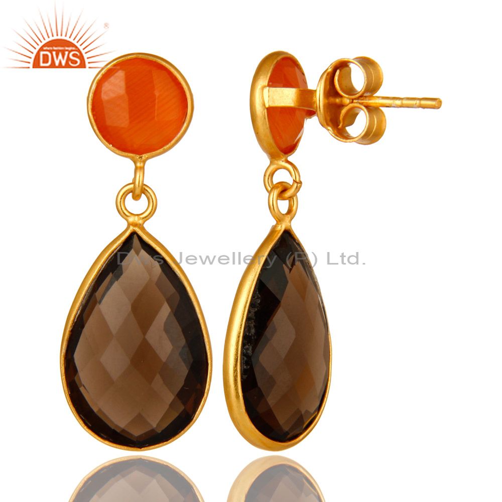 Suppliers 14K Gold Plated Sterling Silver Peach Moonstone And Smoky Quartz Drop Earrings