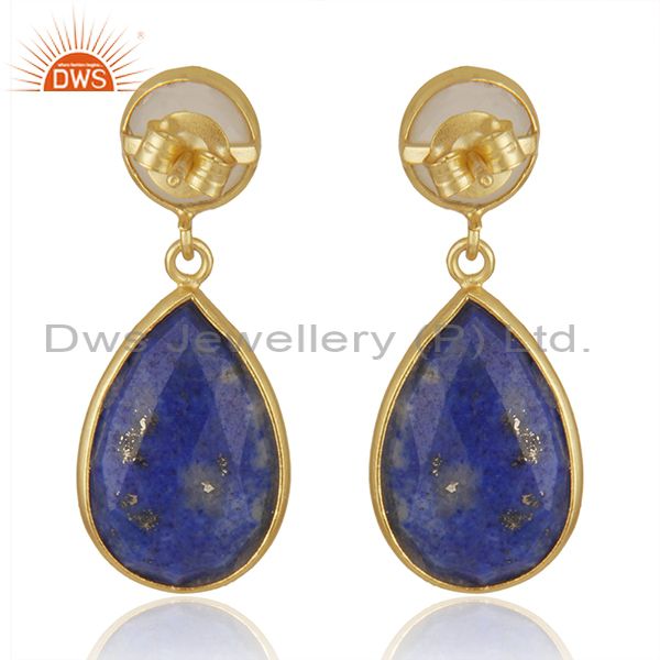 Suppliers 14K Gold Plated 925 Silver Lapis Lazuli & Moonstone Bezel Set Drops Earrings