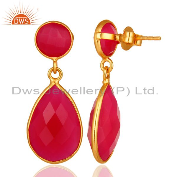 Suppliers Faceted Dyed Pink Chalcedony Pear Shape 925 Silver Drop Earrings - Gold Plated