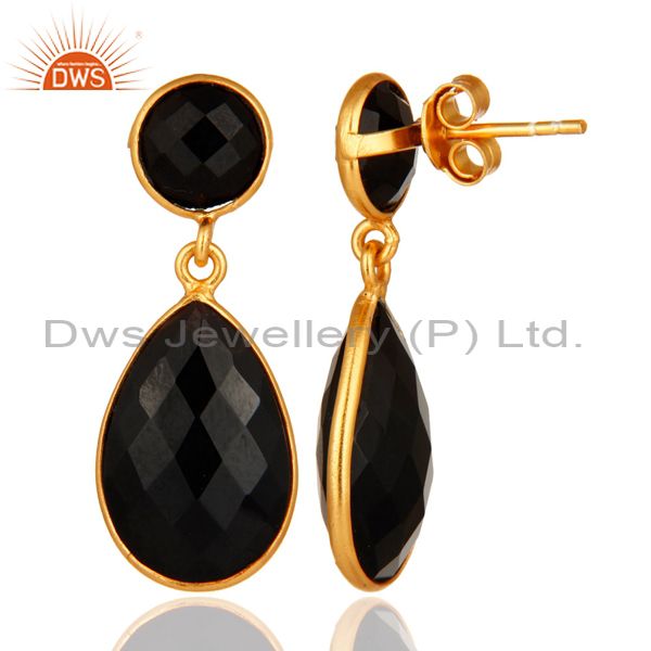 Suppliers 925 Sterling Silver Faceted Gold Plated Black Onyx Gemstone Drop Earrings