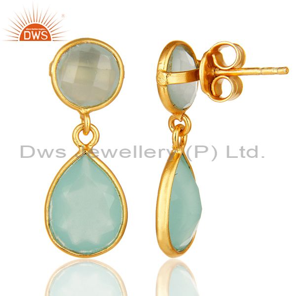 Designers 14K Gold Plated Sterling Silver Dyed Aqua Blue Chalcedony Bezel Set Drop Earring