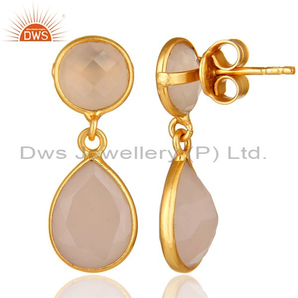 Suppliers 18K Yellow Gold Plated Silver Rose Chalcedony Bezel Set Drop Earrings