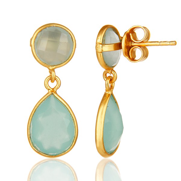 Suppliers 14K Gold Plated Sterling Silver Dyed Aqua Blue Chalcedony Bezel Set Drop Earring