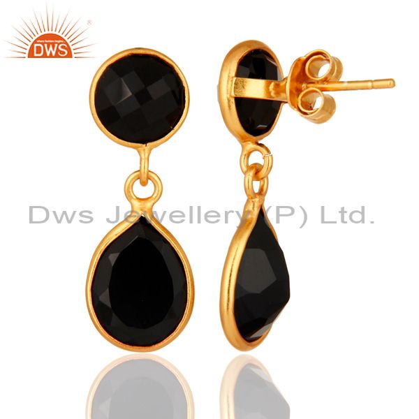Suppliers 22K Yellow Gold Plated Black Onyx 925 Sterling Silver Gemstone Drop Earrings