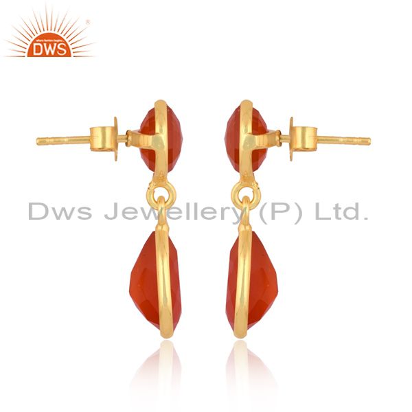 14K Yellow Gold Plated Sterling Silver Red Onyx Bezel Set Gemstone Drop Earrings