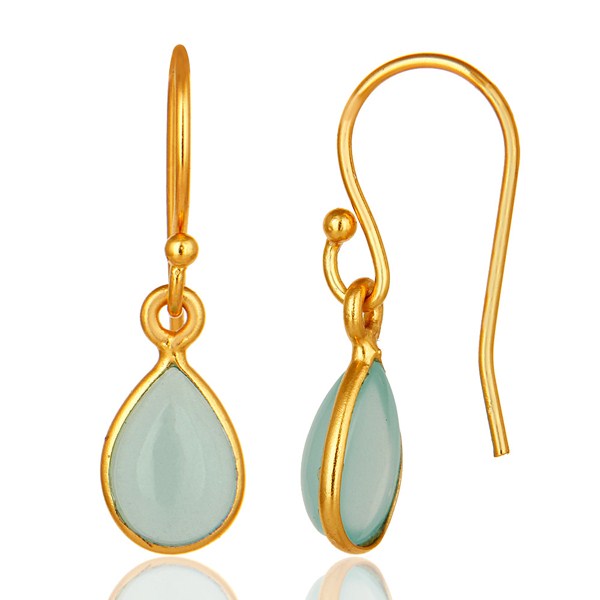 Suppliers Aqua Blue Glass Chalcedony Bezel Set Drop Earrings Made In 18K Gold Over Silver