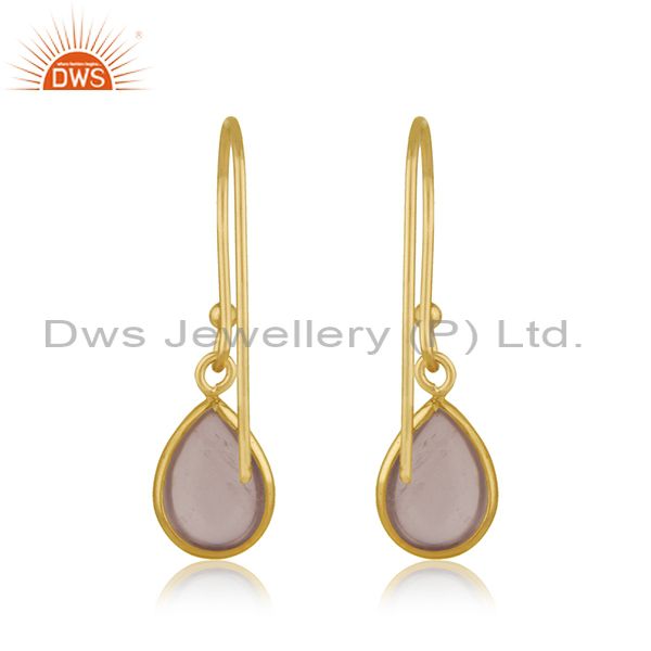 Suppliers Rose Quartz Gemstone Yellow Gold Plated 925 Sterling Silver Earring Jewelry