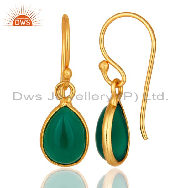 Suppliers Natural Green Onyx Handmade 925 Sterling Silver Drop Earrings - Gold Plated