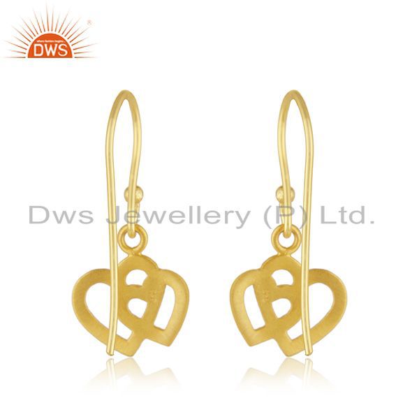 Suppliers 22K Yellow Gold Plated Sterling Silver Stain Finish Double Heart Dangle Earrings
