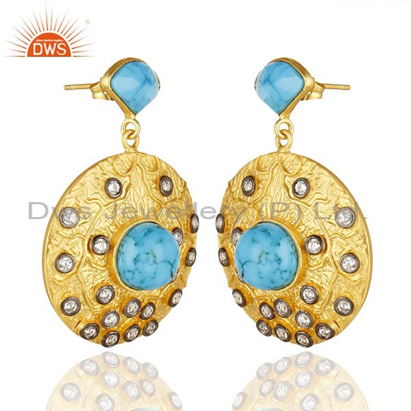 Suppliers 18K Yellow Gold Plated Brass Turquoise & Cubic Zirconia Disc Fashion Earrings