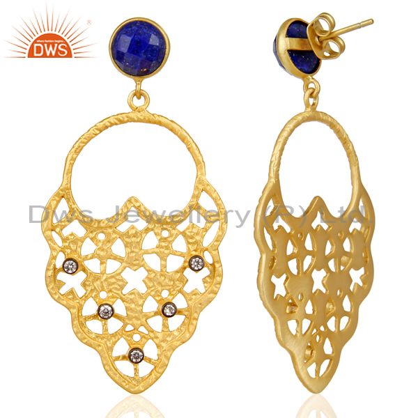 Suppliers 18K Gold Plated Lapis Lazuli Lazuli CZ Filigree Design Dangle Brass Earrings