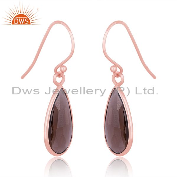 Sterling Silver Rose Gold Earring With Smoky Briolette Stone