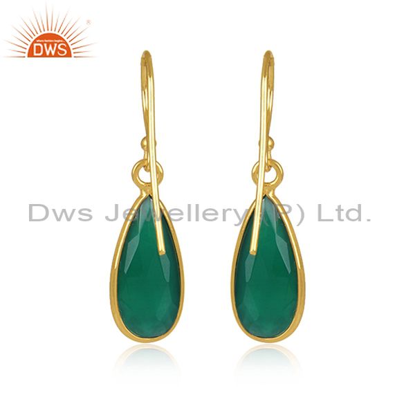 Exporter 24K Gold-Plated 925 Sterling Silver Gemstone Green Onyx Drop Dangle Earrings