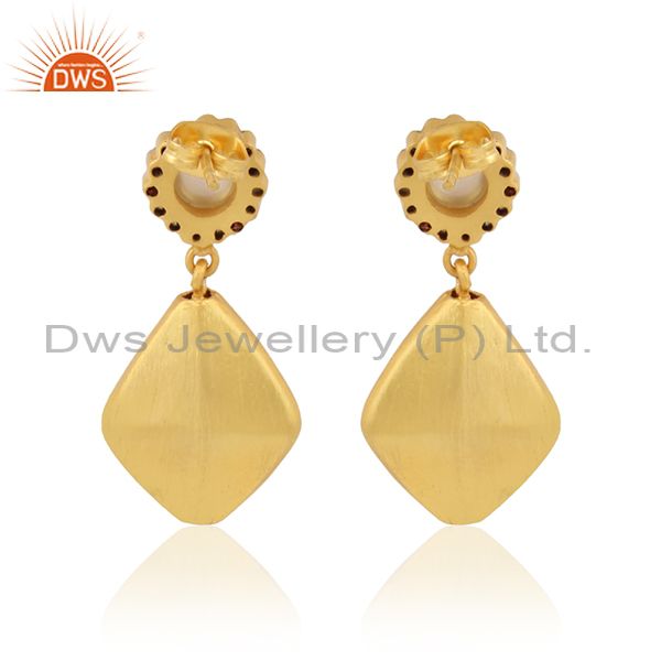Exporter 22K Yellow Gold Plated Stain Finish Pearl And CZ Drop Brass Earrings