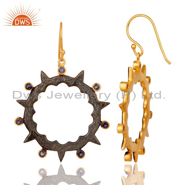 Suppliers 18k Gold Plated Round Design Brass Earrings with Iolite