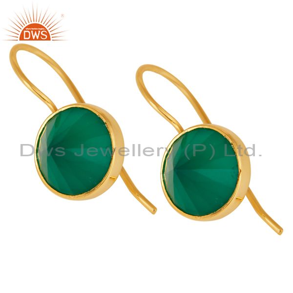 Suppliers 18K Yellow Gold Plated Sterling Silver Green Onyx Bezel Set Gemstone Earrings