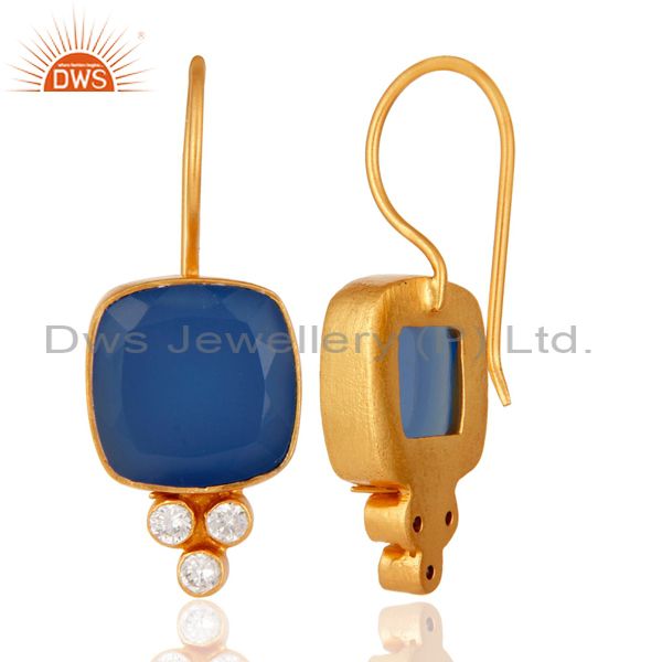 Suppliers 18K Yellow Gold Plated Blue Chalcedony & White Zircon Gemstone Brass Earring