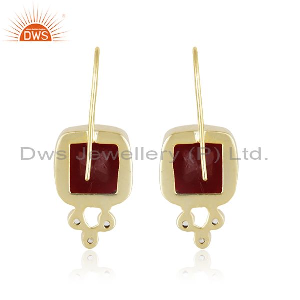 Suppliers 24K Yellow Gold Plated Brass Red Aventurine And CZ Designer Dangle Earrings