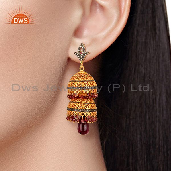 Suppliers Ruby Gemstone Pave Diamond Gold Plated Silver Traditional Earrings