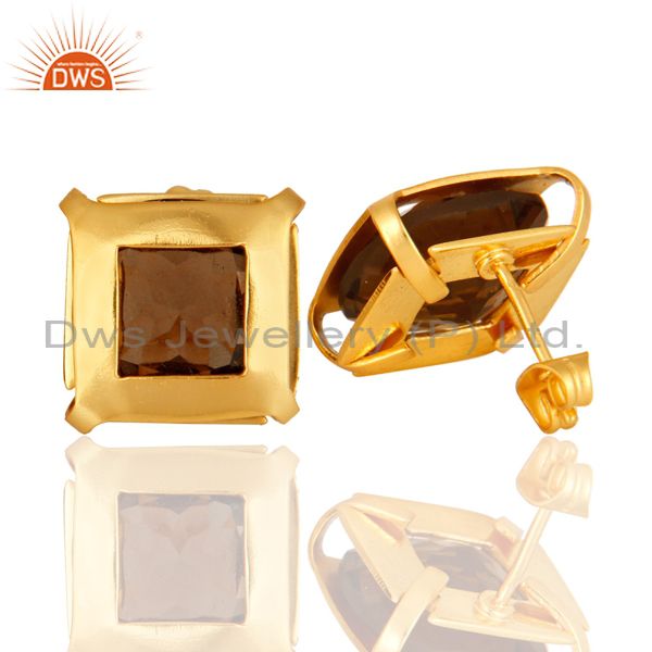 Suppliers 14K Gold Plated Over Brass Stud Earrings With Smoky Quartz Gemstone