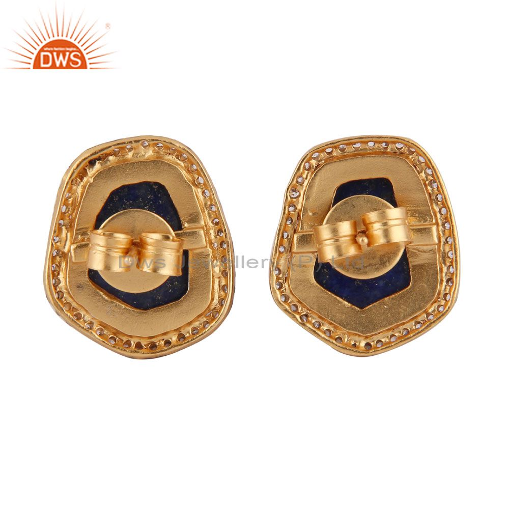 Suppliers 24K Yellow Gold Plated Brass Lapis Lazuli And CZ Designer Ladies Stud Earrings