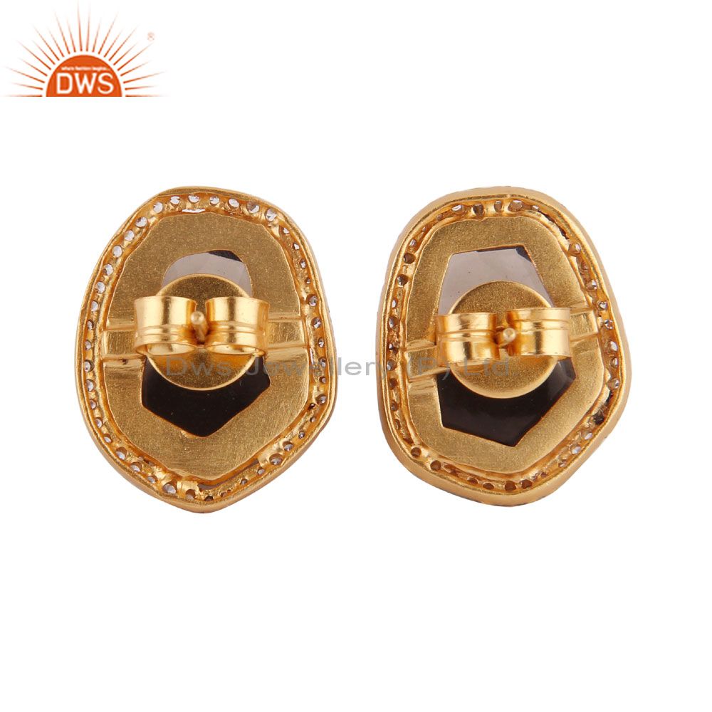 Suppliers 24K Yellow Gold Plated Brass Smoky Quartz And CZ Designer Womens Stud Earrings