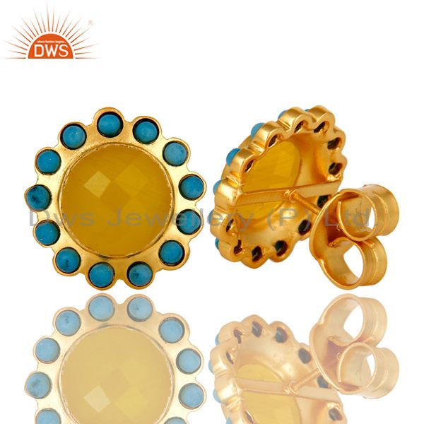 Suppliers Handmade Turquoise And Yellow Chalcedony Stud Earrings Made In 18K Gold On Brass