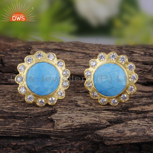 Exporter 18K Gold Plated Brass Turquoise And Cubic Zirconia Stud Earrings