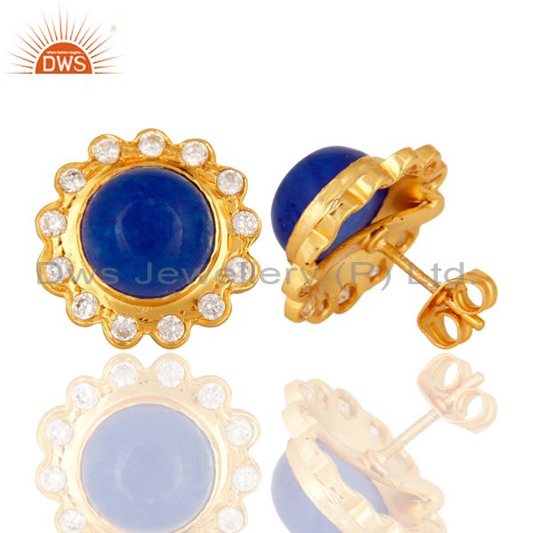 Suppliers 18K Yellow Gold Plated Aventurine Blue Gemstone Stud Fashion Earrings With CZ