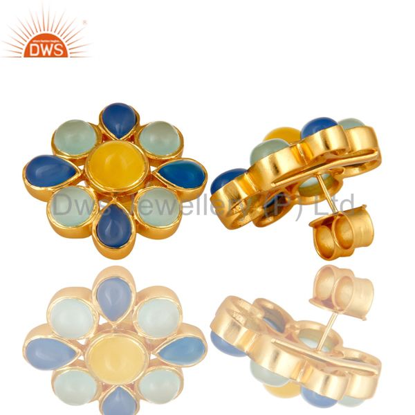 22K Yellow Gold Plated Blue Chalcedony And Moonstone Flower Stud Earrings