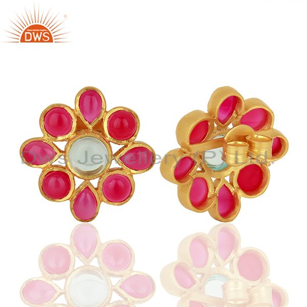 Suppliers Pink Chalcedony Gemstone Gold Plated Stud Earrings Designer Jewelry