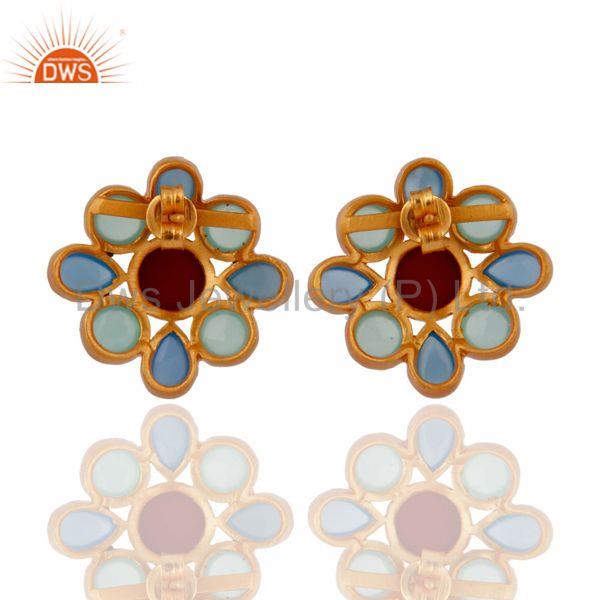Designers 18K Yellow Gold Plated Sterling Silver Chalcedony And Coral Womens Stud Earrings