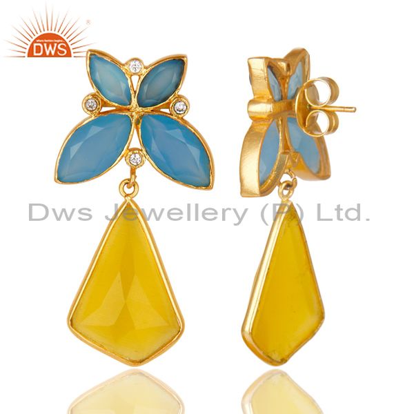 Suppliers 14K Gold Plated Dyed Chalcedony Yellow Moonstone & CZ Dangle Brass Earrings