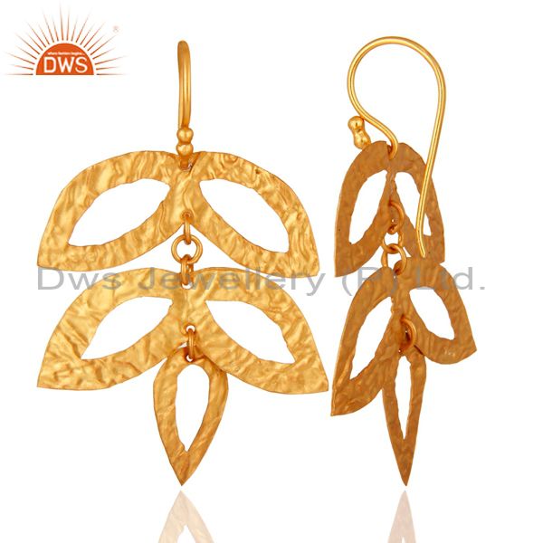 Suppliers 14K Yellow Gold Plated 925 Sterling Silver Handmade Leaf Design Earrings Jewelry